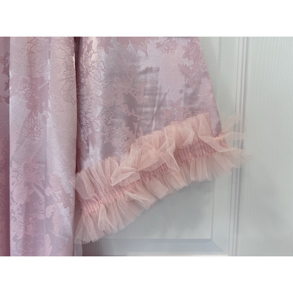 SilkySpell Women's Pink Satin Floral Robe Faux Fur Trim Tie Belt Long Sleeve S/M - Picture 5 of 5